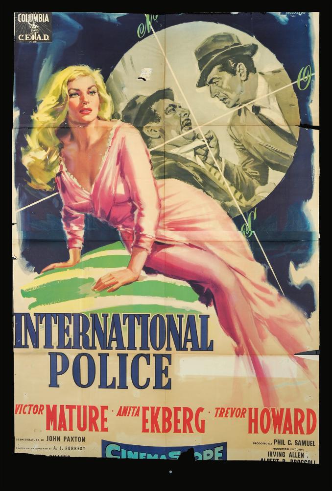 L'immagine riproduce uno dei manifesti conservati presso la Mediateca Regionale Pugliese (vedi Note). Si tratta di una delle versioni grafiche del manifesto del film "International Police" del 1957 per la regia di John Gilling. La firma che ritroviamo in alto a destra appartiene all'illustratore Angelo Cesselon, considerato uno dei pittori di cinema più originali. Il suo stile è riconoscibile per l'uso un cromatismo vibrante e dinamico e per la predilezione per i tocchi sfumati e leggeri, con contrasti di colore forti e contemporanei. Ma è indubbio che Cesselon fu influenzato anche da una certa tradizione pittorica veneta, che guarda ad artisti come Tiziano e Tiepolo, fino a Giovanni Boldini, soprattutto nelle composizioni diagonali. Tutta la sua produzione, anche quell...