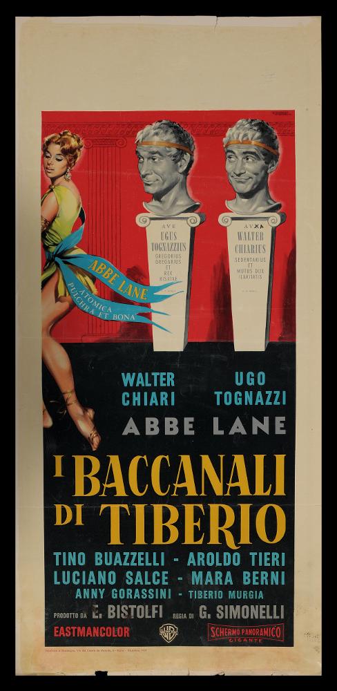 L'immagine riproduce uno dei manifesti conservati presso la Mediateca Regionale Pugliese (vedi Note). Si tratta di una delle versioni grafiche della locandina del film "I baccanali di Tiberio" del 1959 per la regia di Giorgio Simonelli. La locandina è a firma di Giuliano Nistri, tra i pittori di cinema più originali e maturi, dallo stile riconoscibile per la vena drammatica della composizione. In questo caso però, la trasposizione grafica riguarda una commedia fantastica, basata sull’espediente del viaggio nel tempo. Gli elementi sulla scena sono minimi ma molto esplicativi del tempo e luogo d’azione della storia: l'antica Roma. Vediamo infatti su due piedistalli ionici, riproposti con i busti tipici romani, i volti dei due protagonisti, esplicitati dalle iscrizioni in ...