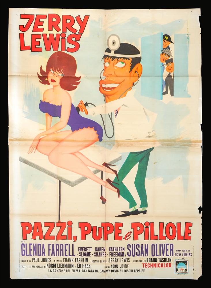 “Pazzi, pupe e pillole” (titolo originale “The Disorderly Orderly” è un film comico statunitense del 1964 diretto da Frank Tashlin, su sceneggiatura scritta da Frank Tashlin, Norm Liebmann  ed Ed Haas.
Il film venne girato nella clinica Greystone Park and Mansion di Beverly Hills in California.
Tra i principali interpreti ricordiamo Jerry Lewis, Glenda Farrel, Susan Oliver, Everett Sloane.
Il manifesto cinematografico è firmato “C. Tim” pseudonimo di C. Timperi, artista di cui non si hanno notizie.
La scena è estremamente divertente grazie allo stile grafico fortemente caricaturale, a colori piatti e vivaci. 
Il manifesto originale è conservato nell’Archivio della Mediateca Regionale Pugliese....