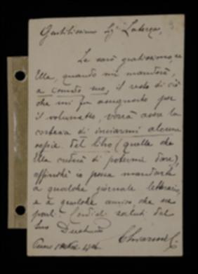 Nella cartolina, Cino Chiarini chiede all'editore qualche copia del volume.