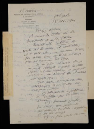 Dopo aver annunciato l'invio del necessario per “La Critica”, Benedetto Croce fornisce a Giovanni Laterza alcune indicazioni per la risoluzione della questione con C. De Lollis e N. Festa in merito al compenso per i direttori de “La Cultura”, avvertendolo che in ogni caso sarà costretto a dargli torto qualora sia nominato arbitro della lite. Infine il filosofo chiede conferma all'editore barese affinché la vedova di E. Gianturco possa far pubblicare tutte le opere del marito dall'editore Pierro.