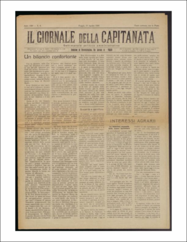 Il documento è parte della collezione del fondo libri digitalizzati della Biblioteca provinciale La Magna Capitana di Foggia, comprendente alcune monografie di diversi secoli e periodici del Novecento. Nello specifico si tratta dell'ottavo numero del periodico “Il Giornale della Capitanata – Settimanale politico amministrativo”, pubblicato il 15 agosto 1920. In prima pagina vi è un articolo di sintesi sulla chiusura dei lavori da parte della Camera dei Deputati ed un approfondimento sulle vicende riguardanti l'acquedotto pugliese. In seconda pagina interessante la segnalazione, nella rubrica “Cronaca d'arte – fra libri e riviste” del testo “Il crepuscolo dell'io” di Guglielmo Theodoli. Si prosegue con la cronaca cittadina e nell'ultima pagina si ritrova la pubblicità.