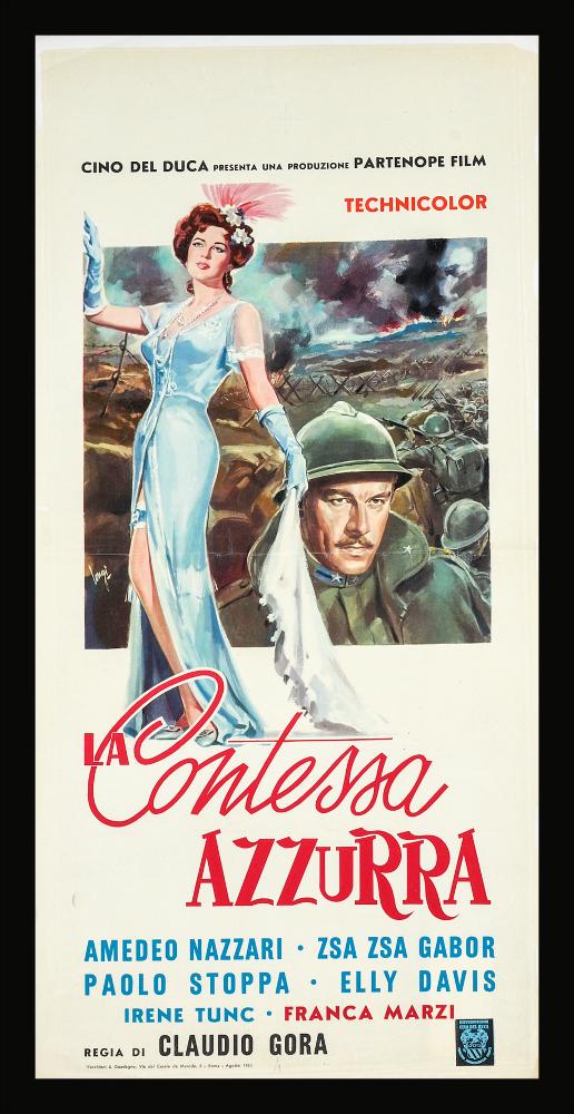 “La contessa azzurra” è un film del 1960 diretto da Claudio Gora, su sceneggiatura di Luigi Bazzoni, Suso Cecchi D'Amico e Alberto De Rossi.
Tra i principali interpreti ricordiamo Amedeo Nazzari, Zsa Zsa Gabor e Paolo Stoppa.
La locandina cinematografica è a firma del celebre pittore di cinema Longi (Carlantonio Longi), artista, disegnatore e grafico che ha sperimentato diversi stili. Le sue opere sono caratterizzate da un linguaggio semplice, dal tradizionale sfumato, dalla policromia, dalla cura ritrattistica e dalla narratività della composizione. La contessa azzurra è protagonista della scena, ritratta a figura intera sulla sinistra dell’immagine; in basso a destra il primo piano del protagonista Salvatore, partito per la guerra.
La locandina originale è conservato ...