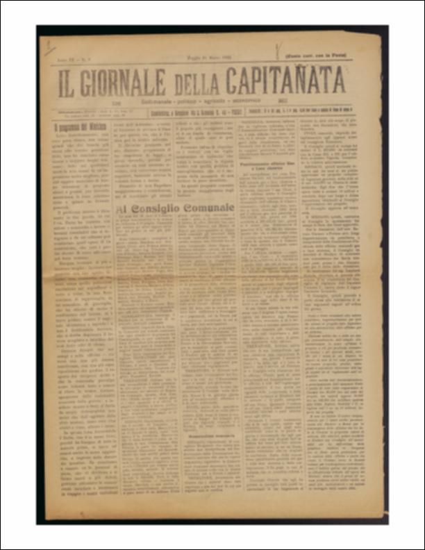 Il documento è parte della collezione del fondo libri digitalizzati della Biblioteca provinciale La Magna Capitana di Foggia, comprendente alcune monografie di diversi secoli e periodici del Novecento. Si tratta de "Il Giornale della Capitanata" del 21 marzo 1922. Il periodico apre trattando il tema lavoro, con una riflessione su "concordia e lavoro" per il raggiungimento del bene comune, fatta dall'on. Facta, il quale sostiene che bisogna lavorare senza sopraffazioni o "atmosfera di guerriglia", cosa che riduce di molto il rendimento del lavoro. Una umana convivenza nei campi e nelle officine, una più equa ripartizione dei profitti, il rispetto dei diritti sono necessari anche a superare le difficoltà economiche causate dalla guerra. In seconda pagina, si legge la noti...