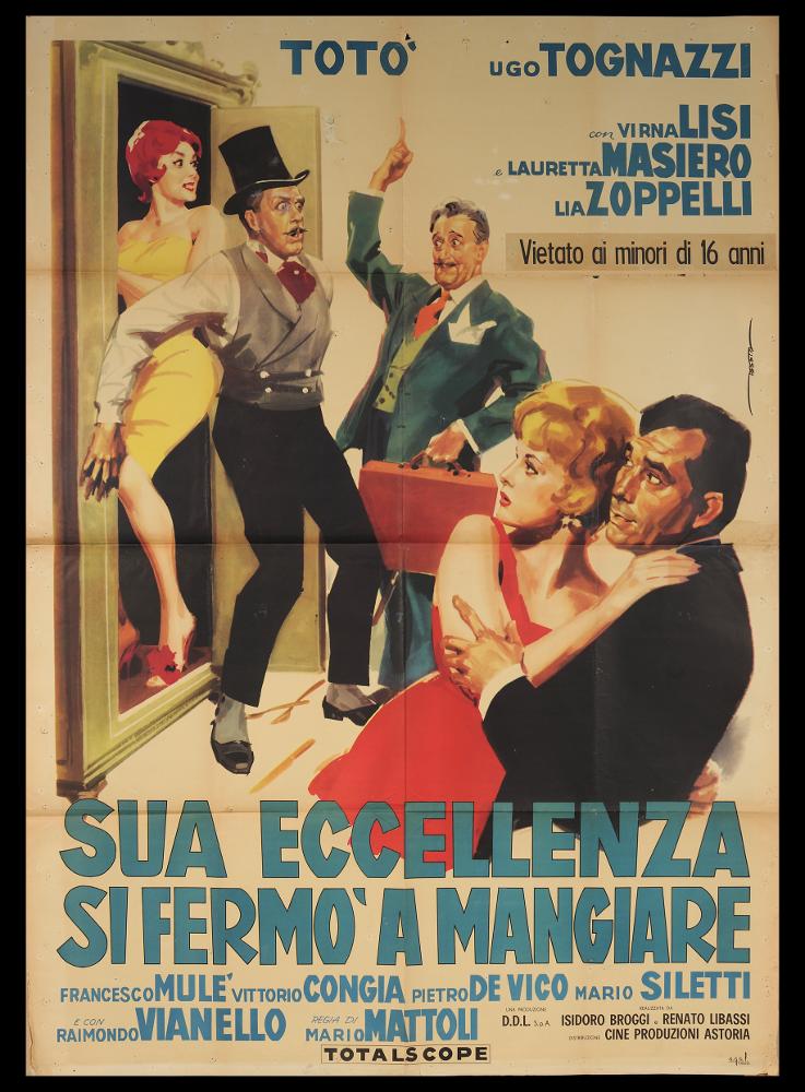 L'immagine riproduce uno dei manifesti conservati presso la Mediateca Regionale Pugliese (vedi Note). Si tratta del manifesto del film italiano "Sua eccellenza si fermò a mangiare", a firma di Deseta (Enrico De Seta), disegnatore e pittore italiano, noto come fumettista per giornali satirico-umoristici e periodici per ragazzi e soprattutto per la sua produzione di illustrazioni cinematografiche. La sua vena umoristica seppe caratterizzare molte sue opere, ma Deseta ne realizzò anche per film drammatici o western. La composizione in oggetto si caratterizza per una pittura fatta di pennellate fluide e larghe, pochi colori netti e un taglio compositivo moderno e scenografico, fatto di un momento narrativo predominante, con una scena divertente su fondo bianco che lascia em...