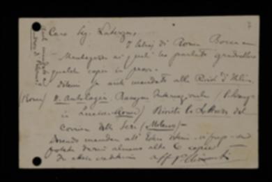 Nella cartolina, Pietro Chimienti informa l'editore che Bocca e Mantegazza hanno chiesto delle copie del volume. Chiede se Laterza ne abbia inviato alcune a "Rivista d'Italia", "Nuova Antologia", "Rassegna Internazionale" e "Rivista di Lettura" del Corriere della Sera. Chiede altre sei copie da mandare all'estero.