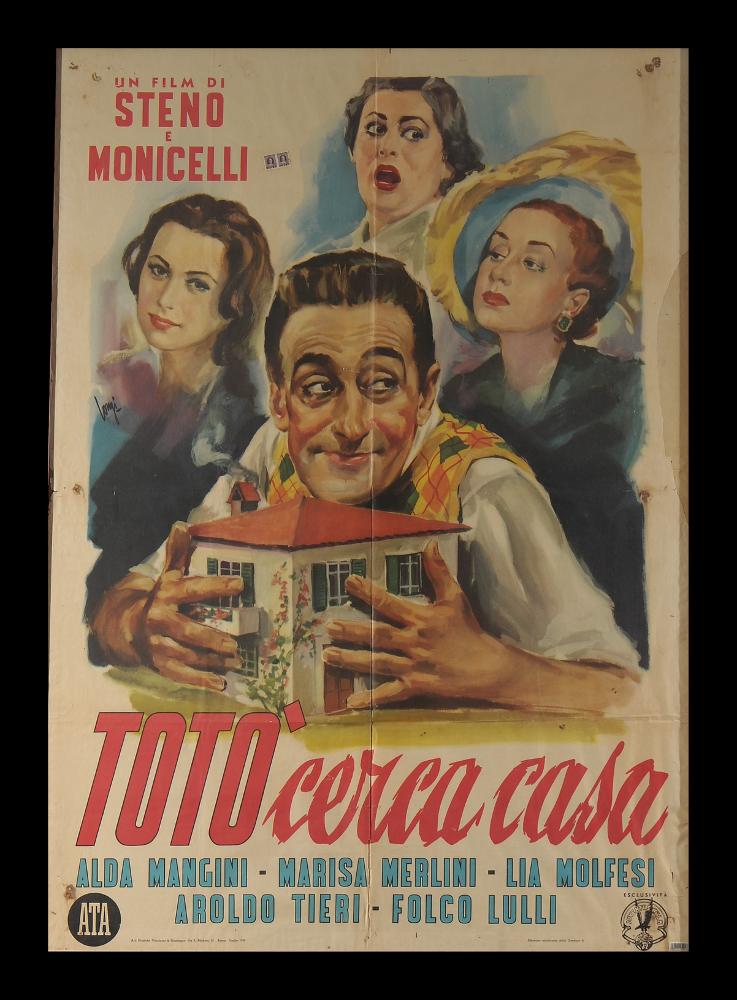 “Totò cerca casa” è un film del 1949 diretto da Mario Monicelli e Stefano Vanzina (Steno), su sceneggiatura di Agenore Incrocci, Marcello Marchesi e Vittorio Metz. Tra gli interpreti principali ricordiamo Totò, Alda Mangini, Marisa Merlini, Lia Molfesi, Aroldo Tieri, Folco Lulli.
Il manifesto cinematografico è a firma del celebre pittore di cinema Longi (Carlantonio Longi), artista, disegnatore e grafico che ha sperimentato diversi stili: il suo linguaggio semplice si caratterizza per la policromia contrastata che ben delinea i volumi, il tradizionale sfumato, la cura ritrattistica e la narratività compositiva.
Il manifesto originale è conservato nell’Archivio della Mediateca Regionale Pugliese....