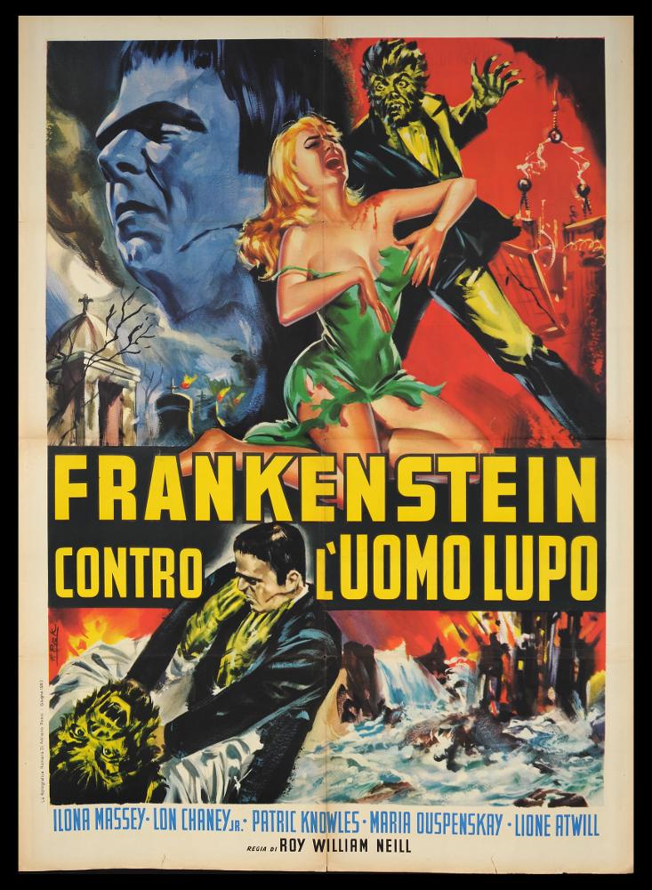 L'immagine riproduce uno dei manifesti conservati presso la Mediateca Regionale Pugliese (vedi Note). Si tratta della versione grafica del manifesto del film "Frankenstein contro l'uomo lupo", la cui illustrazione è a firma di F. Pick, illustratore di cinema di cui non si hanno notizie storicizzate. La composizione pittorica risulta molto narrativa, ricca di spunti che raccontano il film, uno dei tanti della saga dedicata al mostruoso personaggio immaginario Frankenstein. L'opera grafica è ricca di dettagli e di tonalità cromatiche nette, dal blu al giallo, dal verde al rosso. Ne deriva così un'opera dinamica e vivace, in cui si evidenziano i personaggi, l'aspetto noir/horror, senza tralasciare però l'aspetto sensuale della donna, rappresentata ancora come una pin-up in...