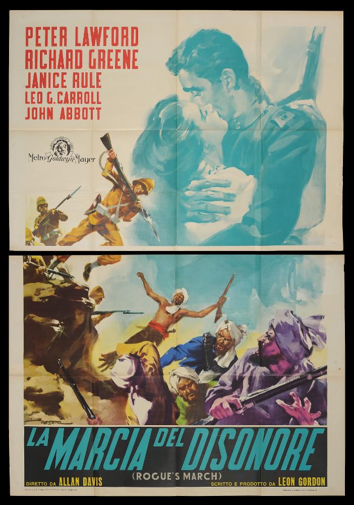 Il manifesto del film “La marcia del disonore” è firmato da Deseta, noto illustratore ed artista poliedrico. Il suo stile si caratterizza per la modernità, dal disegno semplice e l'uso di colori acquerellati. Pennellate fluide e larghe, quasi espressioniste, pochi colori netti e le poche figure protagoniste fanno anche di questo manifesto un capolavoro degli anni '50. In questo manifesto, Enrico De Seta immortala una scena di battaglia tra l'esercito inglese e il popolo afghano, durante l'Era Vittoriana. Il film è stato in parte girato sul posto, nel Khyber Pass (Afghanistan)....