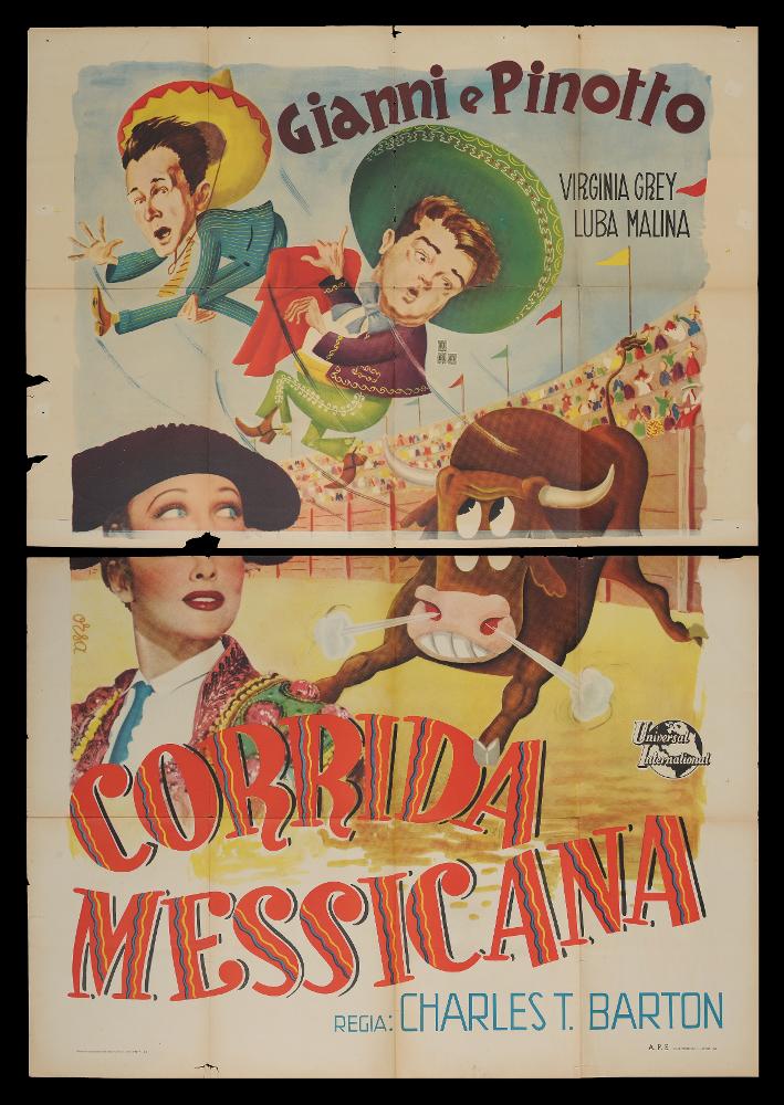 L'immagine riproduce uno dei manifesti conservati presso la Mediateca Regionale Pugliese (vedi Note). Si tratta di uno dei manifesti del film “Corrida messicana” del 1950 per la regia di Charles Barton. Il manifesto, composto da due parti in quanto di grandi dimensioni (140x200), è a firma di Orsa che rende pienamente il lato comico del film. Il duo Gianni e Pinotto è tratteggiato quasi fosse una caricatura, immortalati in una situazione tragica, la minaccia di un toro durante la corrida, resa comica anche dai tratti dell’animale, reso quasi fosse un fumetto. L’unica figura tratteggiata realisticamente è quella dell’attrice. Particolare attenzione merita il lettering utilizzato per il titolo, molto colorato e gioioso, sembra quasi avere dei merletti all’interno....