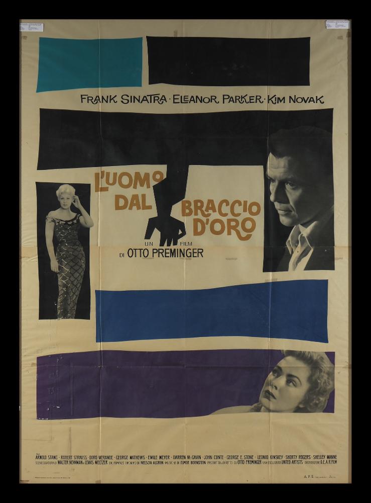 Manifesto realizzato dallo storico illustratore statunitense, Saul Bass, considerato da molti il più grande title designer della storia del cinema. Ha lavorato come art director dell'agenzia pubblicitaria californiana Buchanan & Co, per poi aprire nel 1952 il suo studio di design, la Saul Bass & Associates. Ha lavorato per il regista  Otto Preminger già nel 1954 per la realizzazione dei manifesti di "Carmen Jones", e poi di nuovo per "L'uomo dal braccio d'oro" (1955). Fu proprio quest'ultima collaborazione a renderlo noto in tutto il mondo. Il manifesto originale è conservato nell’Archivio della Mediateca Regionale Pugliese....