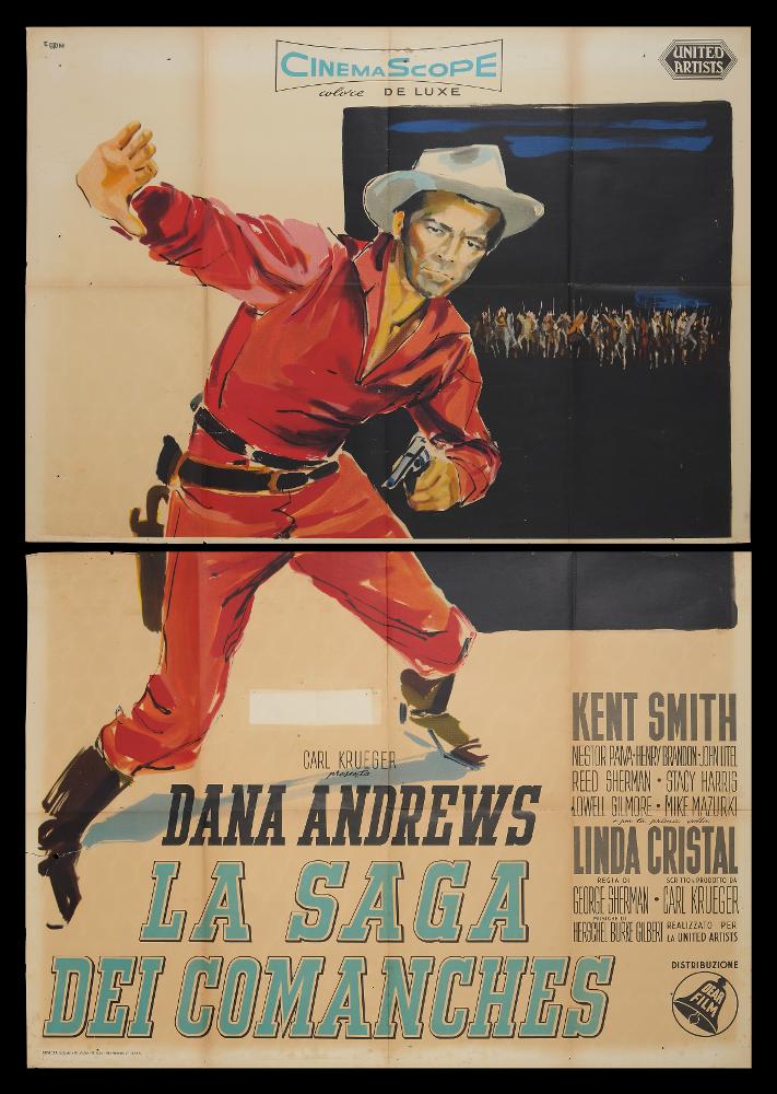“La saga dei Comanches” è un film western statunitense ambientato nel 1875 con Dana Andrews, Kent Smith e Nestor Paiva e per la prima volta Linda Cristal. 
Il film, diretto da George Sherman su una sceneggiatura di Carl Krueger, fu prodotto dallo stesso Krueger e girato in Messico dal 24 agosto al 5 ottobre 1955.
Il manifesto cinematografico è firmato dal celebre maestro Ercole Brini, artista che, dopo aver terminato gli studi accademici, si dedicò fin da subito alla pittura di cinema. L’utilizzo dell’acquerello nelle pennellate veloci e leggere caratterizza il suo stile impalpabile ma nello stesso tempo moderno ed originale. Le scelte compositive sono enfatizzate dalla ricchezza di contrasti cromatici.
Il manifesto originale è conservato nell’Archivio della Mediateca R...