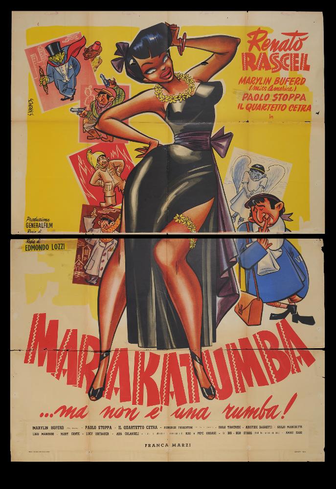 “Maracatumba... ma non è una rumba” è un film italiano del 1949, diretto da Edmondo Lozzi, su sceneggiatura firmata da Gaetano Amata e interpretato da Renato Rascel, Marilyn Buferd, Paolo Stoppa.
Il manifesto cinematografico è a firma Kremos, pseudonimo di Niso Ramponi. Kremos fu un disegnatore dalle qualità eccezionali. Si distinse per il suo stile fumettistico che esaltava la donna, con forme sensuali volutamente accentuate, in pieno stile pin-up. Non a caso, fu ironicamente soprannominato il "Sovrano di donnine" de Il Travaso, uno dei più popolari giornali umoristici italiani del Novecento. Riconoscibili e bellissime, le donne di Kremos sono affascinanti e procaci, incarnano il prototipo femminile dell'epoca, come in questo manifesto. Qui Kremos dimostra però non sol...