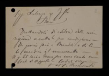 Nella cartolina, Pietro Chimienti, trattandosi di un editore della sua terra d'origine, accetta le condizioni proposte da Laterza e lo informa che a breve gli spedirà il manoscritto da Brindisi.