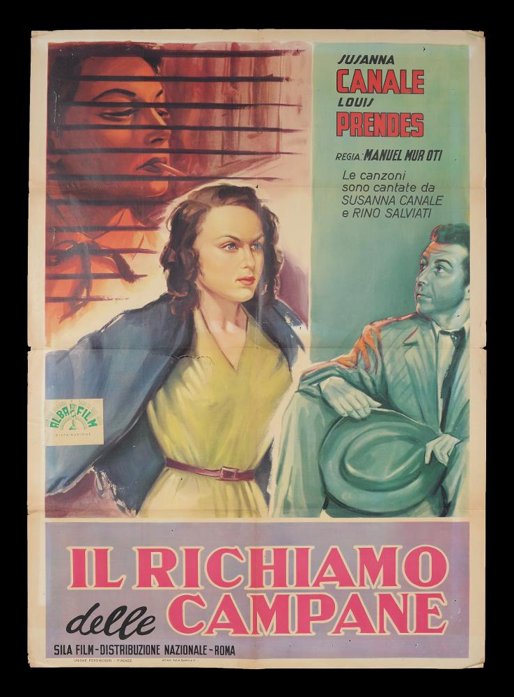 L'immagine riproduce uno dei manifesti conservati presso la Mediateca Regionale Pugliese (vedi Note). Si tratta di una delle versioni grafiche del manifesto del film “Il richiamo delle campane", conosciuto anche come "Il miracolo delle campane" o "Cielo negro" a firma di Dosso. La composizione, divisa in più parti, è scandita da colori accesi usati sia nei dettagli delle figure, sia nei campi occupati dal titolo e dalle altre informazioni del film. La drammaticità del film è lasciata alla figura sullo sfondo in alto, rappresentata in tonalità cupe....