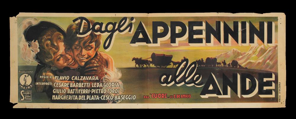L'immagine riproduce uno dei manifesti conservati presso la Mediateca Regionale Pugliese (vedi Note). Si tratta di una delle versioni grafiche del manifesto de "Dagli Appennini alle Ande", film drammatico tratto dal noto romanzo "Cuore" di De Amicis. Le insolite dimensioni del manifesto, sviluppato in orizzontale, permettono una bella composizione narrativa che valorizza il paesaggio e l'ambientazione del film. Da destra fino a sinistra infatti lo scorrere delle scene sembra quasi un trailer del film: dalle montagne che alludono infatti al lungo viaggio intrapreso dal giovane protagonista, fino alla ritrovata felicità nel momento del ricongiungimento tra madre e figlio....