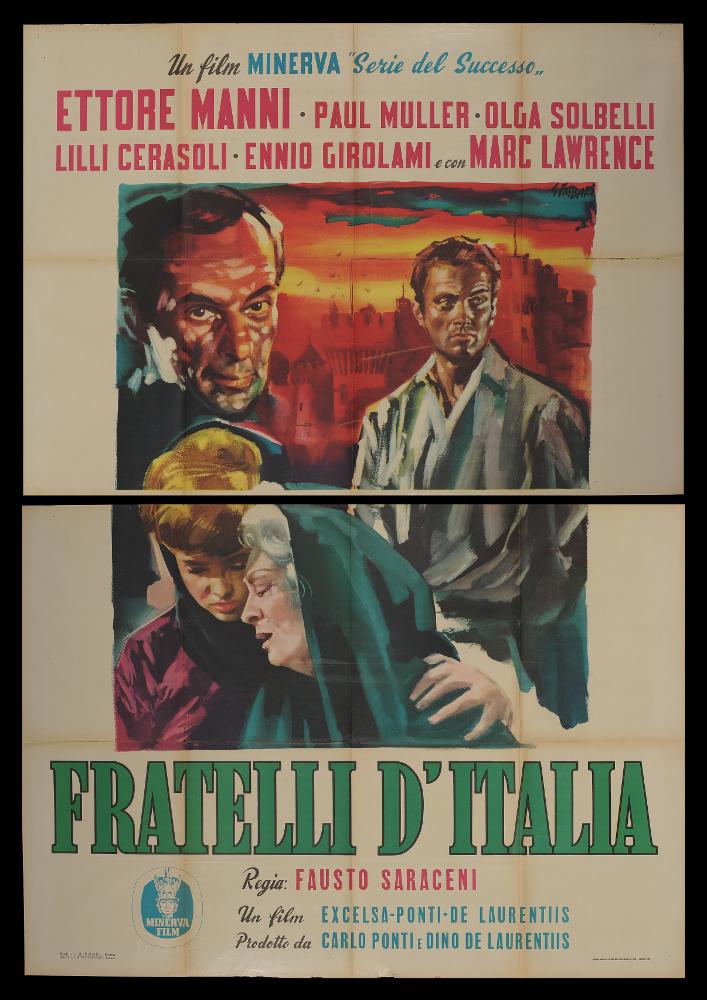L'immagine riproduce uno dei manifesti conservati presso la Mediateca Regionale Pugliese (vedi Note). Si tratta di una delle versioni grafiche del manifesto del film in bianco e nero “Fratelli d’Italia”, del 1952 per la regia di Fausto Saraceni. L’illustratore del manifesto è Nicola Simbari (Simbari). Pittore di fama internazionale, seppe distinguersi per la «freschezza del suo tratto e la velocità di modellato» (Baroni, 2018), le sue opere infatti si riconoscono subito per l'uso vitale ed espressivo del colore e per la composizione geometrica dell’immagine. Possiamo notare in questa opere tre blocchi distinti nei quali emergono solo personaggi, in primo piano un intenso abbraccio fra Olga Solbelli e Lili Cerasoli, rispettivamente Anna e Maria Sauro, alle spalle a destr...