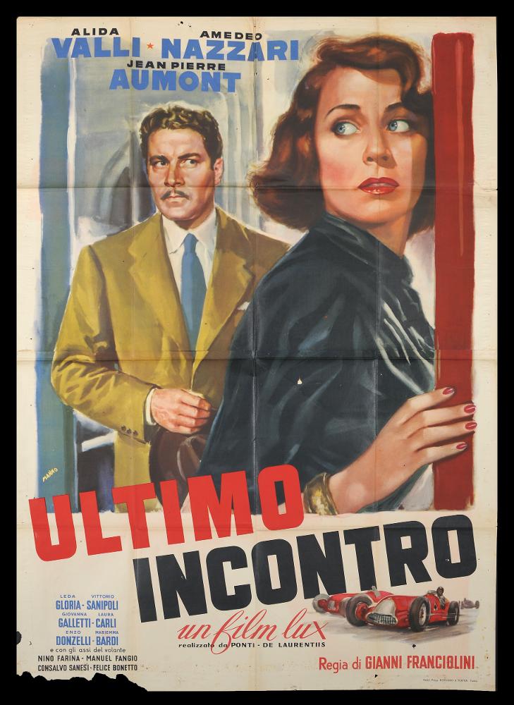 L'immagine riproduce uno dei manifesti conservati presso la Mediateca Regionale Pugliese (vedi Note). Si tratta di una delle versioni grafiche del manifesto del film "Ultimo incontro", a firma di Manno (Dante Manno). Formatosi all'Accademia di Belle Arti, dove fu allievo di Duilio Cambellotti, è stato un grande artista e pittore di cinema. Questo influenzerà la sua carriera, dedicandosi totalmente alla pittura di cinema, sua grande passione fino alla crisi degli anni '70. L'uso degli acquerelli e della tempera, di colori compatti e pastosi rendono le sue figure ben definite e morbide, unendo un certo stile classico e accademico ad una grafica moderna. Manno, come molti altri pittori dell'epoca dediti alla pittura per manifesti, si fece interprete del filone Neorealista ...
