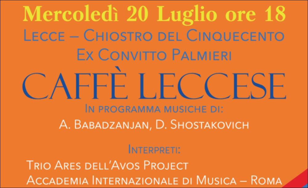 Per la VI Edizione del Festival Internazionale Di Musica Da Camera “Classiche Forme” diretto dalla pianista Beatrice Rana, l’Associazione Opera Prima ha presentato concerti e spettacoli musicali con giovani artisti di talento e solisti di fama internazionale. Il video propone il concerto "Caffè Leccese" con le musiche di A. Babadjanian e D. Šostakovič, interpretati dal Trio dell’Avos Project di Roma con i musicisti: Carlotta Malquori (violino), Matthias Balzat (violoncello) e Andrea D’Amato (pianoforte) tenutosi in data 20 luglio 2022 presso il Chiostro del Cinquecento Ex Convitto Palmieri di Lecce....