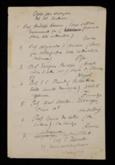 Nella lettera, Benedetto Croce invia a Laterza un elenco di indirizzi cui spedire il volume di Vittorio Imbriani per recensioni e chiede indicazioni sulla pubblicità del suo periodico "La Critica", del volume di Karl Vossler e dello stesso volume di Imbriani.