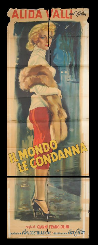 L'immagine riproduce uno dei manifesti conservati presso la Mediateca Regionale Pugliese (vedi Note). Si tratta di una delle versioni grafiche del manifesto del film "Il mondo le condanna", a firma di Manno (Dante Manno). Formatosi all'Accademia di Belle Arti, dove fu allievo di Duilio Cambellotti, è stato un grande artista e pittore di cinema. Questo influenzerà la sua carriera, dedicandosi totalmente alla pittura di cinema, sua grande passione fino alla crisi degli anni '70. L'uso degli acquerelli e della tempera, di colori compatti e pastosi rendono le sue figure ben definite e morbide, unendo un certo stile classico e accademico ad una grafica moderna. Manno, come molti altri pittori dell'epoca dediti alla pittura per manifesti, si fece interprete del filone Neoreal...