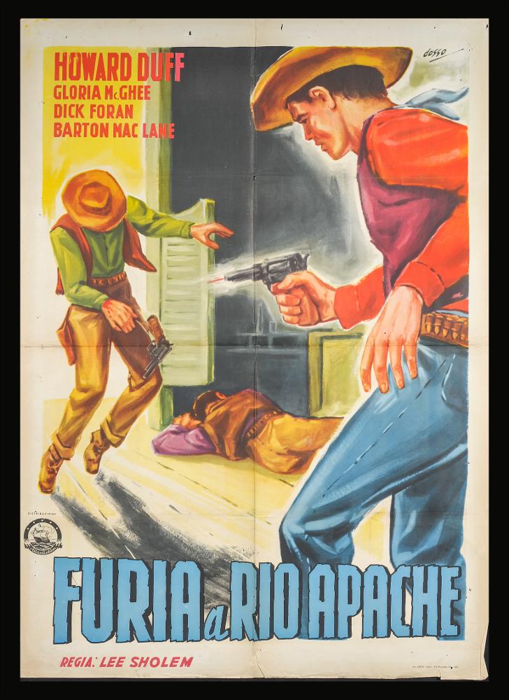 L'immagine riproduce uno dei manifesti conservati presso la Mediateca Regionale Pugliese (vedi Note). Si tratta di una delle versioni grafiche del manifesto del film western “Furia a Rio Apache”, del 1957 per la regia di Lee Sholem a firma dell'illustratore Dosso, come possiamo leggere in alto a destra. Dosso rende a colori una delle scene del film in bianco e nero, immortala nello specifico uno scontro a fuoco tra cowboy, tre personaggi, uno rappresentato di lato mentre spara, di fronte l'uomo colpito e sullo sfondo un uomo già steso per terra forse in fin di vita. I colori utilizzati sono accesi e caldi, non vi sono giochi di sfumature o usi particolari delle pennellate....