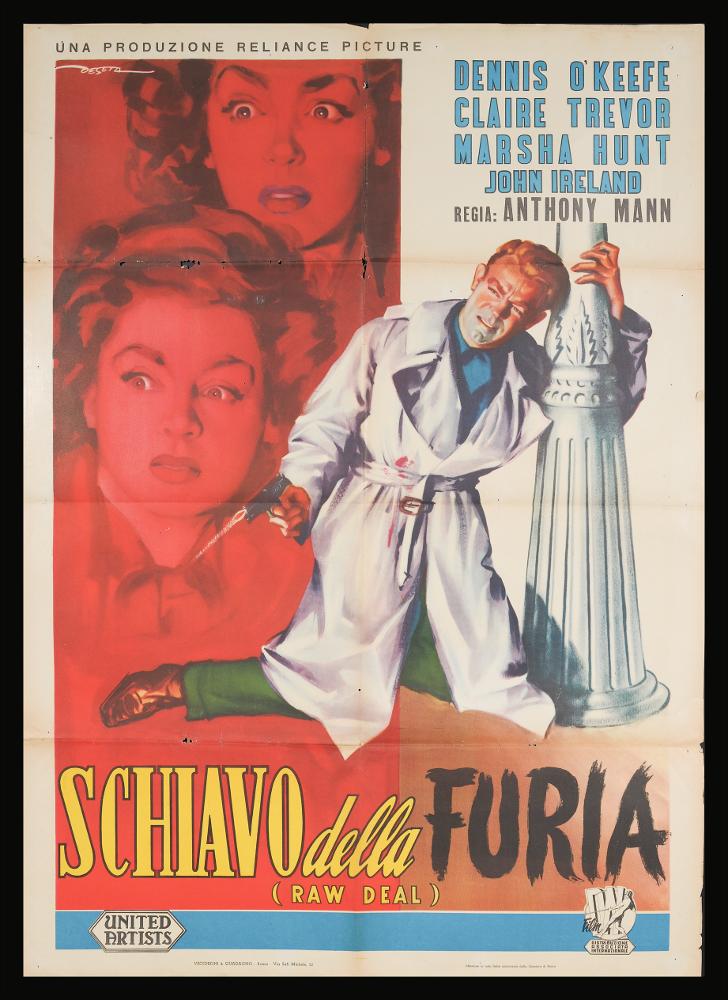 L'immagine riproduce uno dei manifesti conservati presso la Mediateca Regionale Pugliese (vedi Note). Si tratta di uno dei manifesti del film “Schiavo della furia” del 1948 per la regia di Anthony Mann a firma dell'illustratore Enrico De Seta, artista dalle molte sfaccettature noto non solo come grafico ma anche come vignettista satirico per diverse testate italiane. La composizione rappresenta dei momenti tragici e drammatici del film, notiamo infatti sullo sfondo rosso per metà due grandi volti femminili immortalate da De Sete in un momento di paura e sgomento; in primo piano, inginocchiato, macchiato di sangue, mentre impugna una pistola un affranto Dennis O’Keefe. Colpisce la differenza nel lettering utilizzato per il titolo....