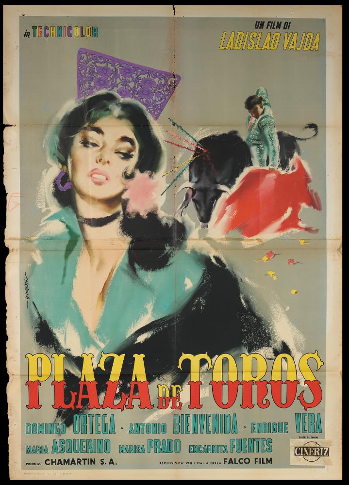 L'immagine riproduce uno dei manifesti conservati presso la Mediateca Regionale Pugliese (vedi Note). Si tratta del manifesto del film "Plaza de toros", film spagnolo del 1955, la cui illustrazione è a firma di Sandro Simeoni. Noto spesso per essere uno dei pittori di cinema più prolifici, Symeoni (come è più noto) si distinse per una grande pittoricità, un gusto originale basato sulla bellezza formale e più tardi per composizioni moderne basate su ritmi spezzati e drammatici. La splendida figura femminile è dominante, è elemento dinamico e sinuoso. L'intensità del volto, i giochi di luci e ombre, i toni di colore utilizzati per evidenziare le forme e la macchia di sangue dell'atto finale della Corrida rendono l'atmosfera sensuale del film e fanno di quest'opera per il ...