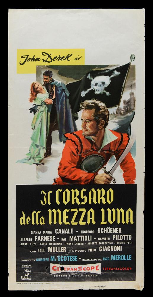 “Il corsaro della mezza luna” è un film del 1957 diretto da Giuseppe Maria Scotese, su sceneggiatura di Mario Amendola, Alma Neille e Kay Ouseby. Nel cast ricordiamo John Derek, Gianna Maria Canale, Ingeborg Schöner e Alberto Farnese.
La locandina cinematografica è firmata dal celebre pittore di cinema Angelo Cesselon, considerato uno dei maestri più originali per il suo stile caratterizzato da composizioni innovative e da un cromatismo dinamico espresso a colpi di pennello e di spatola, influenzato anche dalla pittura dell’Ottocento. Nato a Venezia nel 1922, Cesselon unisce il linguaggio figurativo con l’astrattismo e la pop art. In questo manifesto ritroviamo le sue straordinarie doti da ritrattista nei tocchi sfumati, nei contrasti cromatici, nelle pennellate decise ...