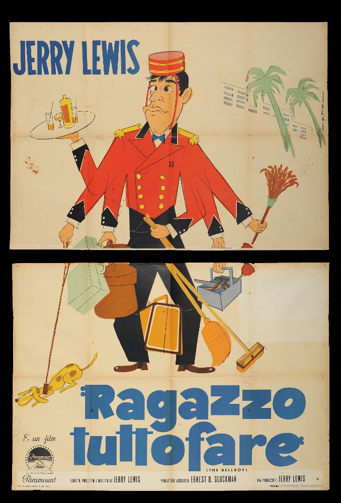 L'immagine riproduce uno dei manifesti conservati presso la Mediateca Regionale Pugliese (vedi Note). Si tratta di una delle versioni grafiche del manifesto del film americano "Ragazzo tuttofare". L'opera grafica, a firma di C. Tim, mostra uno stile molto illustrativo e divertente, che in pochi tratti ben definiti come quelli di un cartoon, esalta la figura comica dell'attore Jerry Lewis, che per questo film fu anche regista. L'artista crea nello spazio un linguaggio snello e attrattivo originale, con tinte nette e colori accesi. Il manifesto originale è conservato in due parti, come si evince dalla riproduzione digitale che evidenzia i due pezzi separati....
