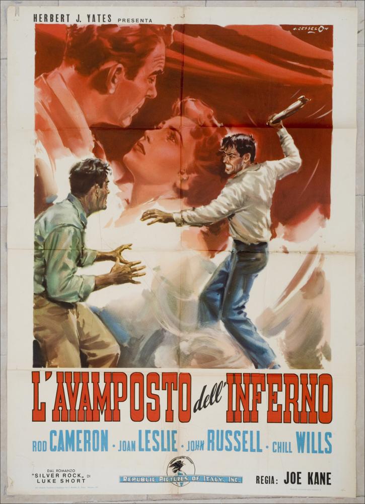 L'immagine riproduce uno dei manifesti conservati presso la Mediateca Regionale Pugliese, esaminati in "Cinema al muro: Angelo Cesselon" (vedi Note). Il rosso del titolo viene ripreso a tutto campo nella metà superiore del manifesto, quasi a voler rappresentare la drammaticità dell'azione e dei luoghi, ma al tempo stesso il fuoco dell'amore che arde tra le due immagini, poste in evidenza sullo sfondo. Le due figure maschili, pur essendo i protagonisti della trama del film, sono raffigurate in questo manifesto con dimensioni ridotte quasi a volere evidenziare un profilo di importanza secondaria, rispetto a quella che Cesselon ha inteso dare al valore dei sentimenti che legano la coppia. Suggestivo appare l'effetto delle figure dei due protagonisti che sembrano materializ...