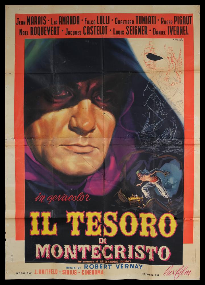 L'immagine riproduce uno dei manifesti conservati presso la Mediateca Regionale Pugliese (vedi Note). Si tratta di uno dei manifesti del film “Il tesoro di Montecristo” del 1955 per la regia di Robert Vernay. La composizione grafica è a firma dell’artista Nistri Giuliano, pittore talentuoso, alla ricerca costante di composizioni intense, ma sempre nuove ed originali. Le sue scene cupe e drammatiche, con chiaroscuri accentuati sono sempre stati la sua nota stilistica ed anche per questo film sceglie di rappresentare con tinte scure il ritratto del protagonista Edmond Dantès (Marais), coperto in viso dall’ombra del copricapo. In alto a destra è possibile, guardando attentamente, notare dei tratti a matita che disegnano delle navi in mare, una donna che saluta, due uomini ...