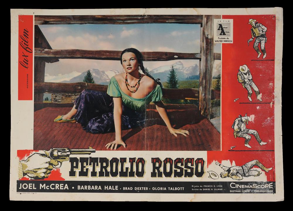L'immagine riproduce uno dei manifesti conservati presso la Mediateca Regionale Pugliese (vedi Note). Si tratta di uno dei soggetti per la fotobusta del film americano "Petrolio rosso" a firma dello Studio Favalli, di Augusto Favalli. Artista milanese che si dedicò per anni all'attività artistica futurista, Augusto aprì nel 1946 a Roma, via Margutta, lo storico studio di grafica pubblicitaria "Studio Favalli", cominciando a produrre grafica per i manifesti cinematografici e dando il via ad un'intensa collaborazione con la casa di produzione Lux Film. Augusto curò personalmente la linea estetica dei manifesti, chiamando a progettare, per il suo studio, artisti del calibro di Guttuso, Purificato e altri. L'opera in oggetto mostra una raffinata e contemporanea impostazione...