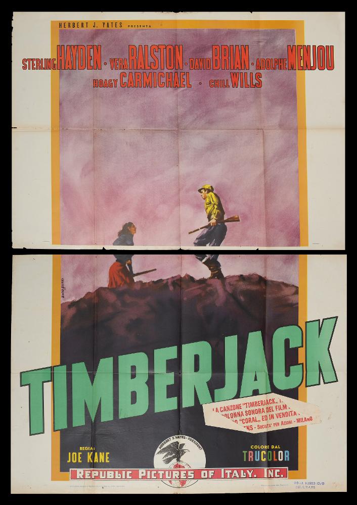 L'immagine riproduce uno dei manifesti conservati presso la Mediateca Regionale Pugliese (vedi Note). Si tratta del manifesto del film "Timberjack", a firma di Enzo Nistri. Pittore romano che realizzò migliaia di manifesti per il cinema, Nistri si contraddistinse per un linguaggio maturo, uno stile semplice ed elegante che "si presta a raccontare ogni storia" (Baroni, 2018). Molti suoi lavori infatti si riconoscono per il tratto raffinato, ma al tempo stesso dalla forte intensità costruttiva data anche da un sapiente uso dei colori netti e spesso contrastanti, che aiutano a ben definire le figure e le scene descritte. Anche questa composizione si caratterizza per uno stile moderno, dal taglio fotografico (una ripresa che parte dal basso), fatto di un unico intenso momen...