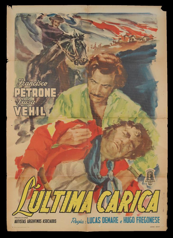 L'immagine riproduce uno dei manifesti conservati presso la Mediateca Regionale Pugliese (vedi Note). Si tratta del manifesto del film "L'ultima carica", la cui composizione artistica è a firma di Cesselon. Considerato uno dei pittori di cinema più originali, nato a Venezia nel 1922, Cesselon è contraddistinto da uno stile ricco di cromatismo vibrante e dinamico, reso da pennellate veloci, come in questo caso. Qui è ancora più accentuato con tocchi sfumati e leggeri, con contrasti di colore forti e contemporanei. Ma è indubbio che Cesselon fu influenzato anche da una certa tradizione pittorica veneta, che guarda ad artisti come Tiziano e Tiepolo, fino a Giovanni Boldini, soprattutto nelle composizioni diagonali. Tutta la sua produzione, anche quella più tarda, privilegi...