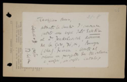 Nella cartolina Benedetto Croce prega Giovanni Laterza di spedire copia del suo volume di estetica al traduttore Samuel Jankelevitch, insieme ad un prospetto dei tre volumi della filosofia dello spirito e ad un catalogo della casa editrice.