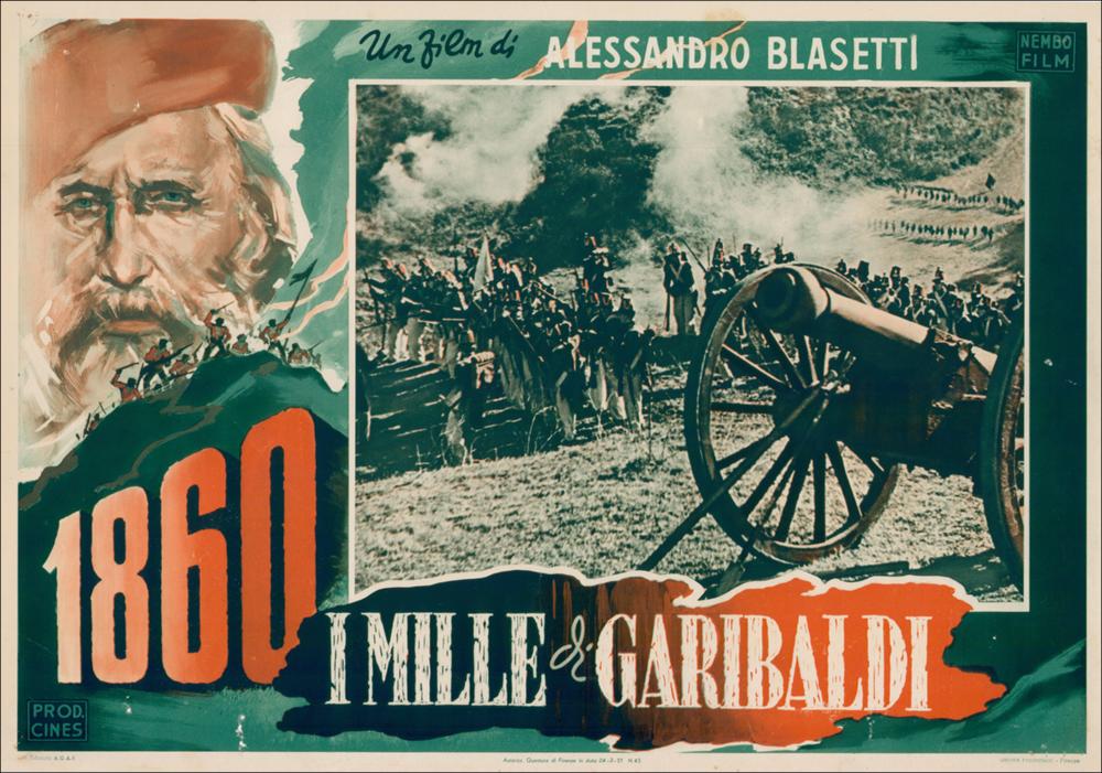 L'immagine è una riproduzione digitale del manifesto cinematografico del film “1860 - I Mille di Garibaldi”, prodotta in seguito all'evento "Cinema 150 anni. Mostra di manifesti d'epoca sul Risorgimento". La mostra, allestita negli spazi della Mediateca Regionale di Bari, è stata realizzata nel 2011 dall'Ufficio Attività culturali e audiovisivi, afferente al Servizio Cultura e Spettacolo della Regione Puglia, in occasione delle celebrazioni dei 150 anni dell'Unità d'Italia. In Mediateca sono conservate una serie di fotobuste e una prestigiosa locandina dipinta dal famoso pittore, illustratore e grafico Angelo Cesselon. La fotobusta in oggetto riporta il momento della vittoriosa battaglia di Calatafimi combattuta nel maggio 1860 in Sicilia, sulle colline dell'agro segest...