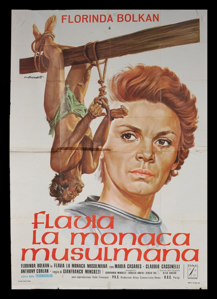 L'immagine riproduce uno dei manifesti conservati presso la Mediateca Regionale Pugliese (vedi Note). Si tratta di una delle versioni grafiche del manifesto del film “Flavia la monaca musulmana”, del 1974 per la regia di Gianfranco Mingozzi. Il manifesto è a firma di Ezio Tarantelli, artista e grafico noto per la produzione di illustrazioni per film minori e quelli del genere "Spaghetti western", nonché fondatore dello Studio E2 insieme al collega Enzo Sciotti. La composizione grafica è molto semplice e pulita, su uno sfondo bianco abbiamo la presenza, in secondo piano ma prevalente nelle proporzioni, del volto dell’attrice brasiliana Florinda Bolkan che veste i panni di una monaca musulmana. Si noti come la parte superiore dell’abbigliamento della giovane donna, ricord...