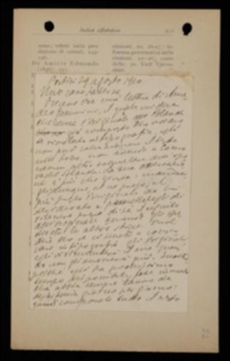 Nella cartolina, Fausto Nicolini prega Giovanni Laterza di inviare l'originale di quanto si va componendo del volume di Luigi Blanch ad Amedeo Giannini che non dispone di altre copie per la correzione del testo; lo prega inoltre di effettuare continue spedizioni di materiale affinché il curatore possa distribuire il lavoro nel poco tempo libero. Intanto il Nicolini invia all'editore alcune bozze del volume chiedendo spiegazioni in merito ad un bottello.