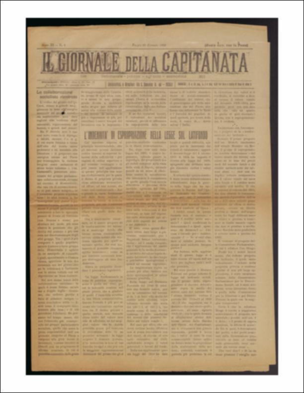 Il documento è parte della collezione del fondo libri digitalizzati della Biblioteca provinciale La Magna Capitana di Foggia, comprendente alcune monografie di diversi secoli e periodici del Novecento. Si tratta de "Il Giornale della Capitanata" del 22 gennaio 1922. Il periodico apre con la questione socialista e degli estremisti, rappresentata dall'Avanti e con "L'indennità di espropriazione nella legge sul latifondo". Ci si interroga se il nuovo progetto sulla trasformazione del latifondo si mantenga fedele alla buona norma costituzionale, in fatto di redditi, imposte, fitti e ricavi, affinché si eviti un "sentimento ostile alla proprietà privata", che la nuova legge sembra perseguire. Si prosegue con un intervento dell'On. Valentini sulla costruzione dei quattro pala...