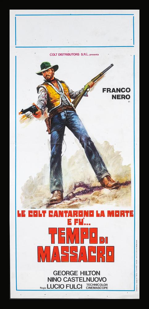“Le colt cantarono la morte e fu... tempo di massacro” è film western italiano diretto nel 1966 da Lucio Fulci, su sceneggiatura scritta insieme a Fernando Di Leo ed Enzo Dell’Aquila.
Tra gli interpreti principali Franco Nero, George Hilton, Linda Sini, Nino Castelnuovo, John M.Douglas.
La locandina cinematografica è opera del celebre pittore di cinema Renato Casaro, uno tra i maggiori rappresentanti della grafica e del manifesto. Nato a Treviso nel 1935 comincia la sua carriera artistica da autodidatta ma in breve arriva a sviluppare un proprio stile di grande eleganza e raffinatezza formale. Tecniche diverse si mescolano nel suo linguaggio innovativo che si caratterizza sia per l’uso del pennello sia per quello dell’aerografo che gli consentirà di ottenere effetti sfu...