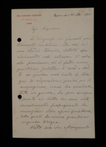 Nella lettera, Giovanni Francesco Cadolini ringrazia Laterza per l'invio di alcuni giornali chiesti in precedenza.