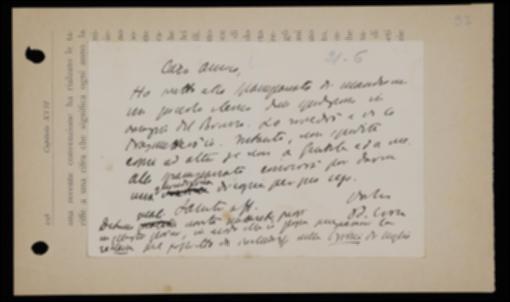 Nella cartolina Benedetto Croce istruisce l'editore Laterza in merito alla distribuzione de "Il Candelaio" di Giordano Bruno e lo prega di inviargli un elenco delle novità in uscita per gli annunci pubblicitari da accludere a "La Critica".