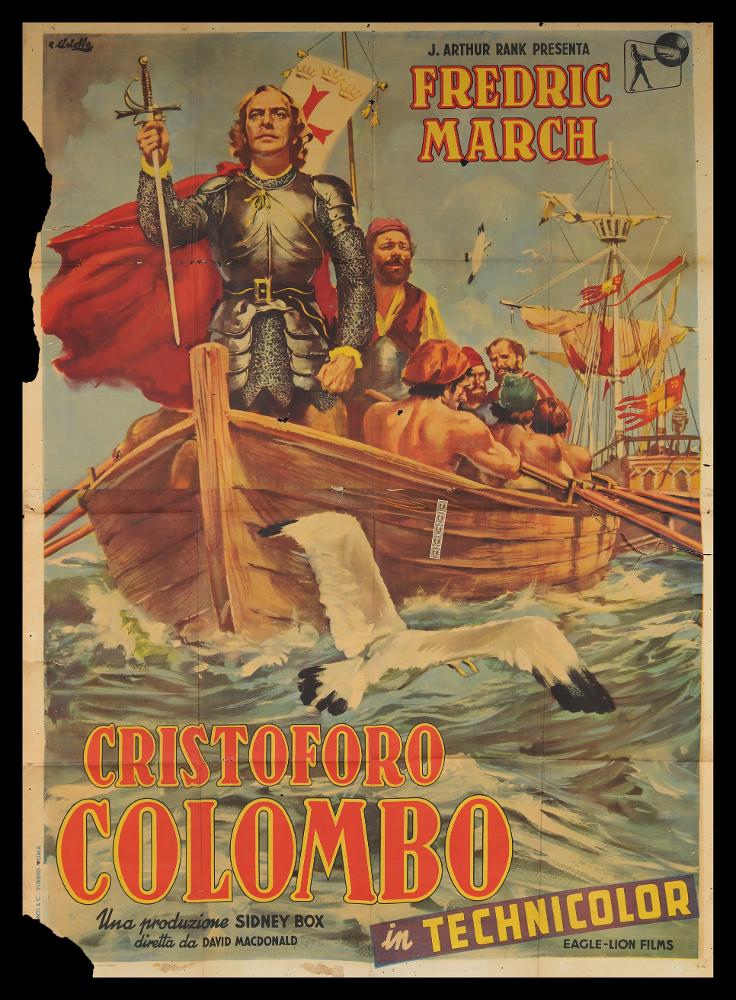 L'immagine riproduce uno dei manifesti conservati presso la Mediateca Regionale Pugliese (vedi Note). Si tratta di una delle versioni grafiche del manifesto del film inglese biografico “Cristoforo Colombo”, del 1949. L’illustratore del manifesto è Averardo Ciriello, come si evince dalla firma in alto a sinistra. Emerge il suo tipico tratto pittorico, caratterizzato da un uso del colore in funzione simbolica e fortemente emotiva, con un’attenzione, quasi maniacale, per il dettaglio e le sfumature. Lo spazio compositivo è studiato per contenere un'unica grande scena narrativa, in cui viene risaltata la figura di Cristoforo Colombo, austero e sicuro di sè, pronto per la missione che cambierà la storia. Bellissime le tonalità di colore scelte, tutte molto calde, e il realis...