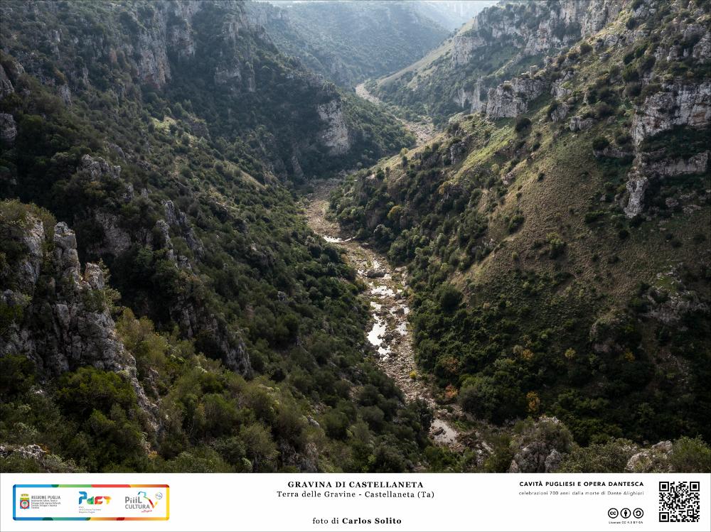 La Gravina di Castellaneta (TA) è tra le più suggestive dell'area delle Gravine. È area tutelata dal 1987 con un’oasi di protezione e fa parte del Parco Regionale Terra delle Gravine, istituito nel 2005. Questo paesaggio è stato creato dal lento scorrere del fiume che, durante la stagione invernale, ancora oggi scorre sul fondo della gravina di Castellaneta, rivestita da un manto di vegetazione ricca di cespugli di lentisco, ed arbusti come il caprifoglio e la ginestra spinosa. 
L’immagine digitale fa parte della raccolta di fotografie prodotte da Carlos Solito per il Progetto digitale “Sillabario sotterraneo – Viaggio dantesco nelle Grotte di Puglia” – realizzato nell’ambito della LEGGE REGIONALE 30 dicembre 2020 - art. 39 “Cavità pugliesi e opera dantesca - Celebrazio...
