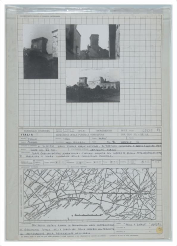La scheda in oggetto è parte del volume “Censimento delle opere fortificate in Puglia”, risultato dell'attività promossa dalla Regione Puglia tra il 1981 e il 1982, per individuare e descrivere le principali costruzioni in muratura presenti nel territorio. Composta da tre fogli sciolti, è redatta dall'arch. F. Danese il 27 agosto 1981. La masseria Agnano è situata a Nardò in provincia di Lecce, in zona rurale, circondata da coltivazioni varie. Dell’antico complesso monumentale resta la torre del XV secolo parzialmente diroccata nella parte di coronamento, e la masseria costruita nel XX secolo si ispira alla merlatura della torre. La struttura muraria è realizzata in pietra locale.