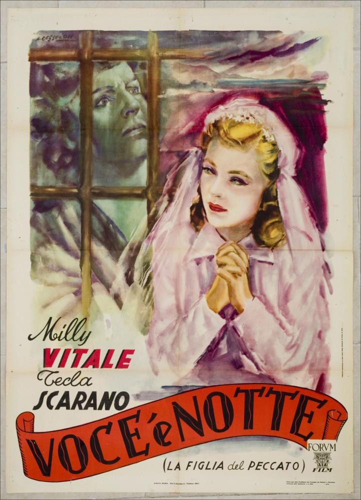 L'immagine riproduce uno dei manifesti conservati presso la Mediateca Regionale Pugliese, esaminati in "Cinema al muro: Angelo Cesselon" (vedi Note). Dietro quattro sbarre, un volto assorto si affianca a quello di una giovane in abito da sposa. Magistrale anche in questo caso la capacità di sintesi del messaggio che l'artista sa trasmettere. Non è tra i manifesti più belli di Cesselon, ma certamente raggiunge l'obiettivo voluto dal produttore del film. Ancora una volta, comunque, l'artista sa creare, con il contrasto dei colori e dei chiaro-scuri, effetti cromatici interessanti. A dare dinamismo al manifesto contribuisce l'andamento ondulato del titolo con i colori rosso e nero, utilizzati anche per il nome di una delle attrici protagoniste (Milly Vitale)....
