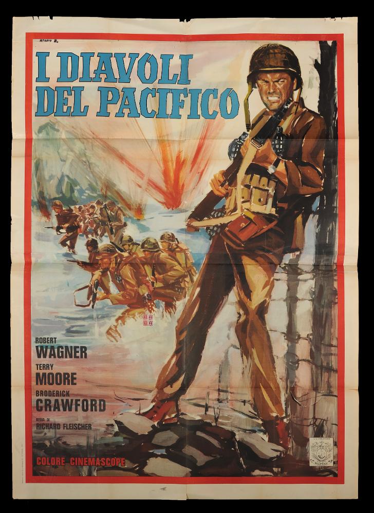 L'immagine riproduce uno dei manifesti conservati presso la Mediateca Regionale Pugliese (vedi Note). Si tratta della versione grafica per il manifesto del film americano "I diavoli del Pacifico". Si tratta di un'opera grafica dello Studio B., come si evince dalla firma in alto a sinistra. Inquadrata da una cornice rossa, la composizione si mostra narrativa, la pittura fatta di pennellate veloci per rendere meglio la dinamicità delle scene rappresentate. Raccontano il tema atroce della guerra, con il personaggio drammatico e sofferente in primo piano interpretato dall'attore Robert Wagner, i bombardamenti sul fondo e i dettagli dei militari pronti all'attacco. Dello stesso film si può osservare in collezione l'altra versione grafica a firma di Studio B. e Avelli....
