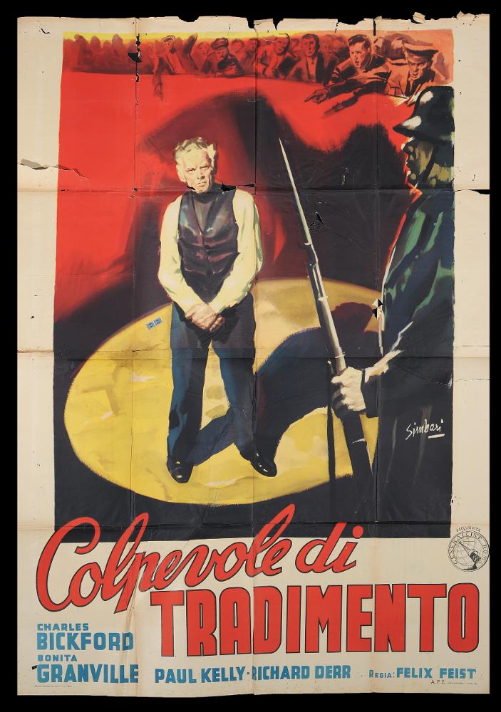L'immagine riproduce uno dei manifesti conservati presso la Mediateca Regionale Pugliese (vedi Note). Si tratta di una delle versioni grafiche del manifesto del film "Colpevole di tradimento", a firma dell’illustratore Nicola Simbari (Simbari). Pittore di fama internazionale, seppe distinguersi per la «freschezza del suo tratto e la velocità di modellato» (Baroni, 2018). Le sue opere infatti si riconoscono subito per l'uso virtuoso ed espressivo del colore. Per "Colpevole di tradimento", Simbari concepisce una composizione dove i colori netti (il giallo e il rosso, staccati dal nero) e la dinamicità delle forme si fanno espressione della drammaticità della scena scelta per essere rappresentata. Anche se a figura intera, l'artista rende con pochi tratti lo sguardo intens...