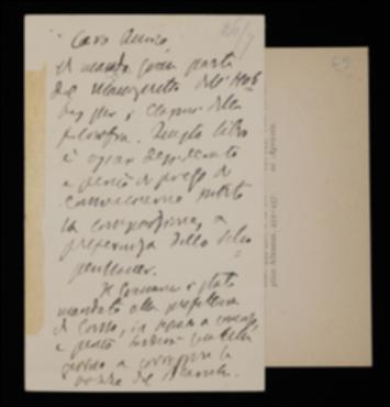 Inviando parte del materiale per la stampa del volume di Thomas Hobbes, Benedetto Croce raccomanda a Giovanni Laterza di preferirne la composizione rispetto a quella del volume di Arthur Schopenhauer; lo avvisa poi che Amedeo Giannini ritarderà di qualche giorno la spedizione delle bozze del volume di Luigi Blanch e lo invita a sollecitare personalmente Giuseppe Rua a rispedire quelle del volume di Traiano Boccalini.
